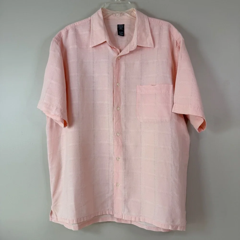 Mens Coastal XL Pink Linen Cotton Windowpane Camp Shirt Resort Summer Dadcore